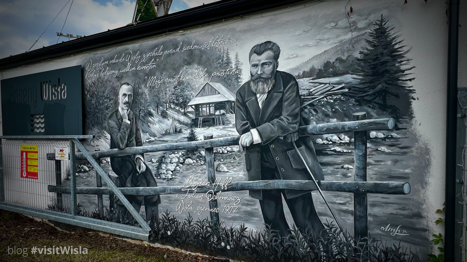 Bogdan Hoff i Julian Ochorowicz na muralu w Wiśle